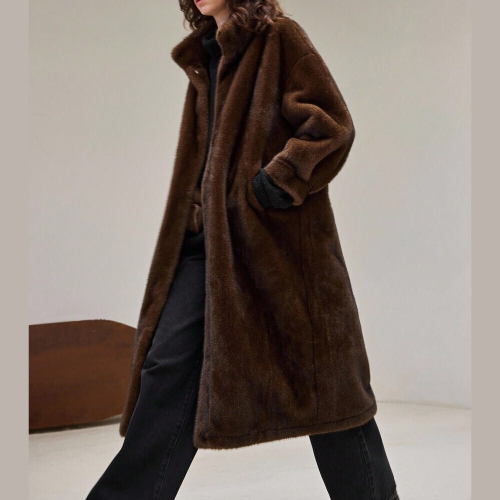 Brown Faux Fur Coat With Stand Collar And Pockets